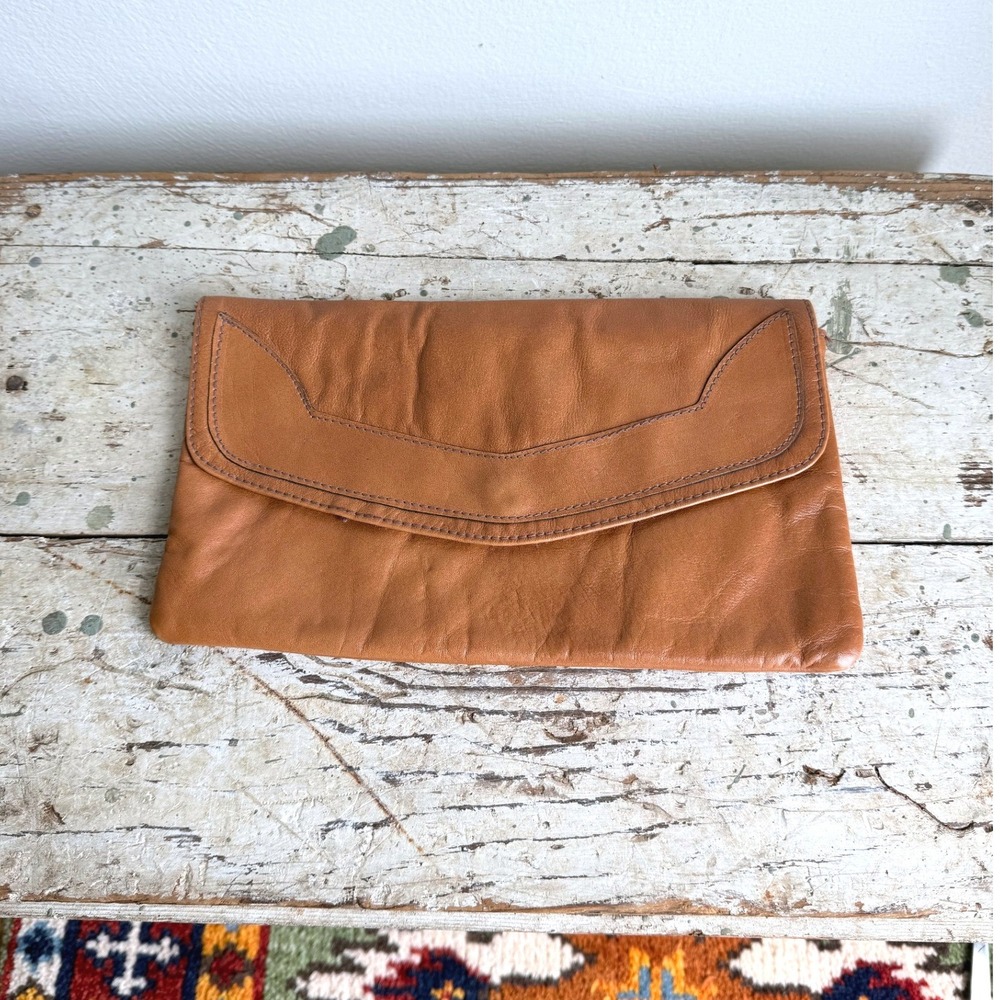 Vintage Tan Leather Envelope Clutch Bag Snap Closure Brown Purse Stitching